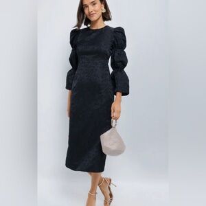 Hyacinth House Black Jacquard Puff Sleeve Midi Darcy Dress M